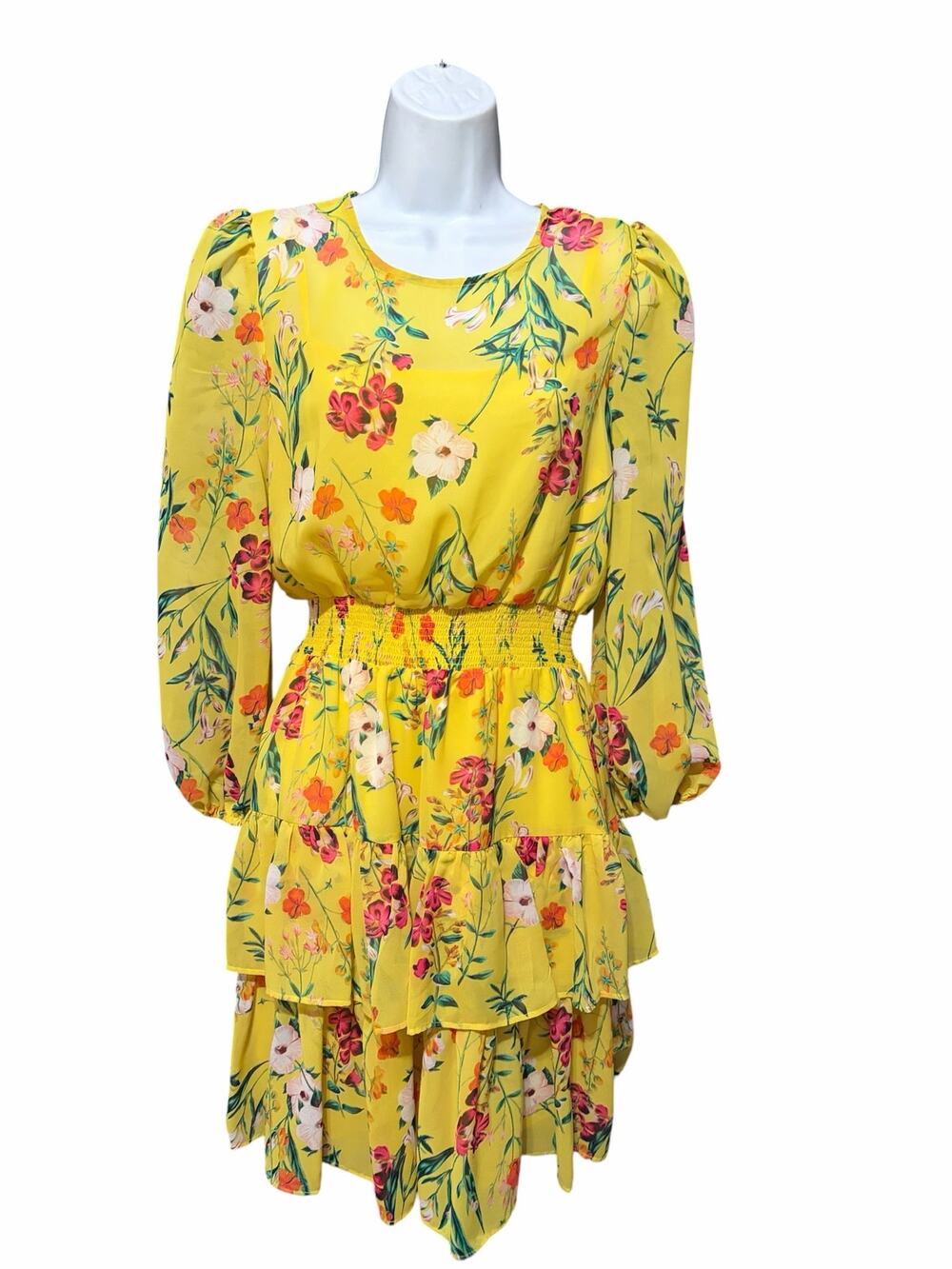 Eliza J Yellow Floral Tiered Dress Size 6 Smocked Waist Long Sleeve Boho